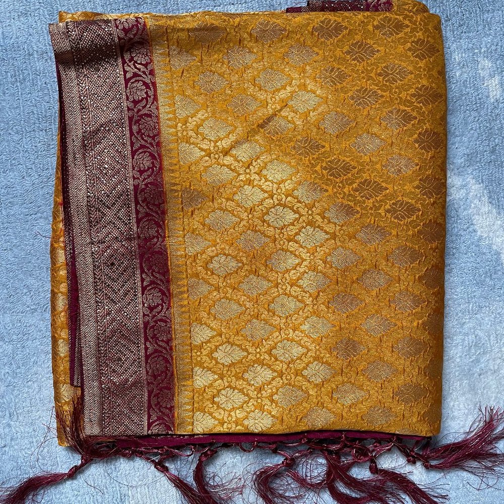 Jeweled Mustard Yellow and Maroon Red Sari and Jeweled Blouse